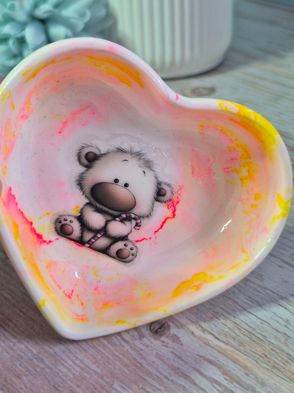 Handmade resincrete heart trinket dish with bear design