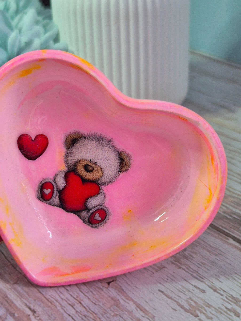 Handmade resincrete trinket dish with teddy bear heart design