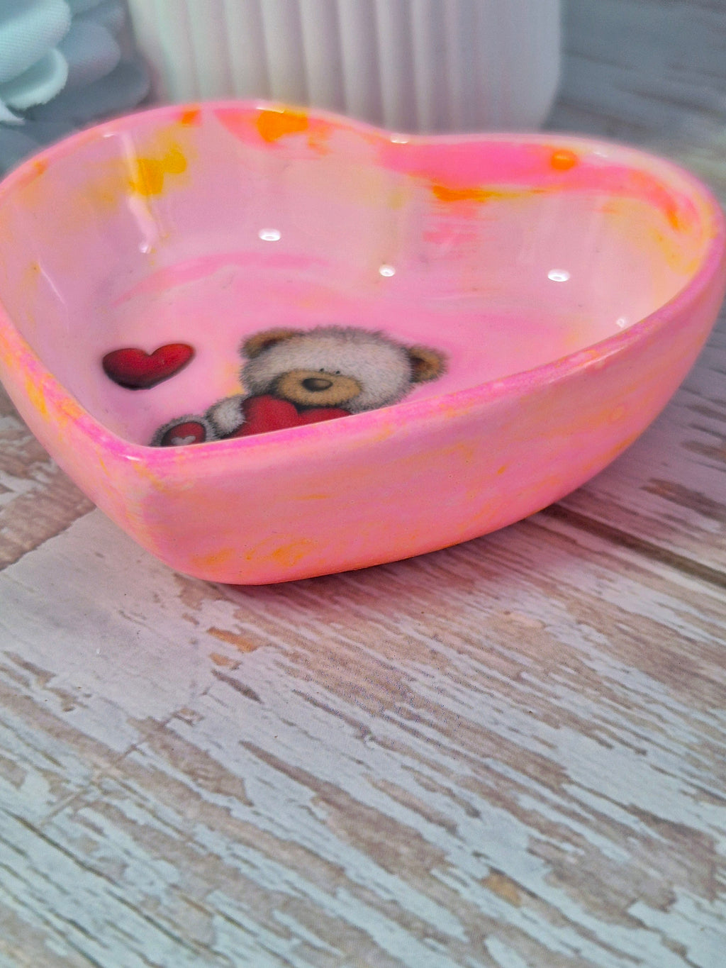 Handmade resincrete trinket dish with teddy bear heart deisign