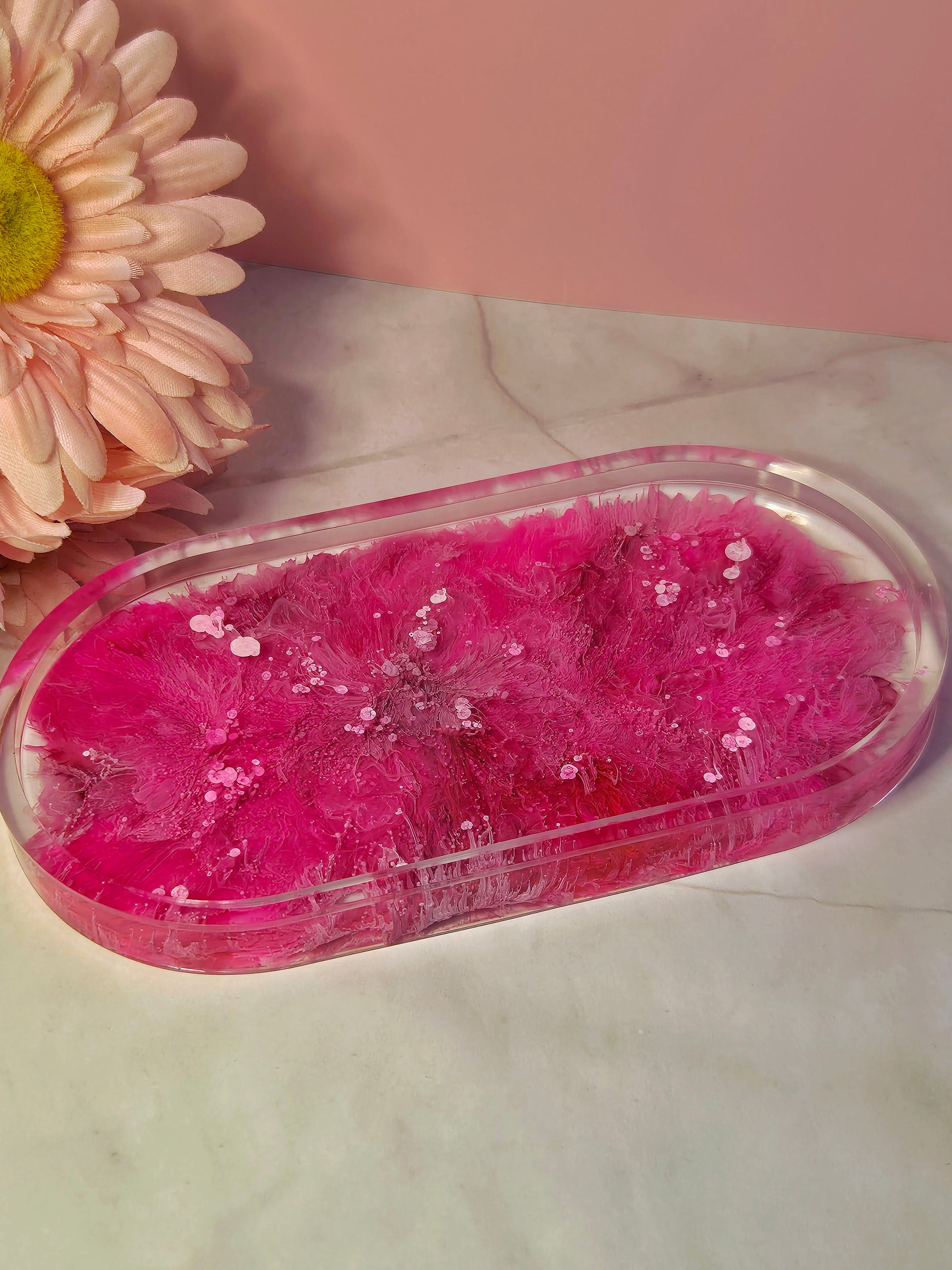 petri dish effect trinket tray with coral like ink patterns styed with a soft pink flower