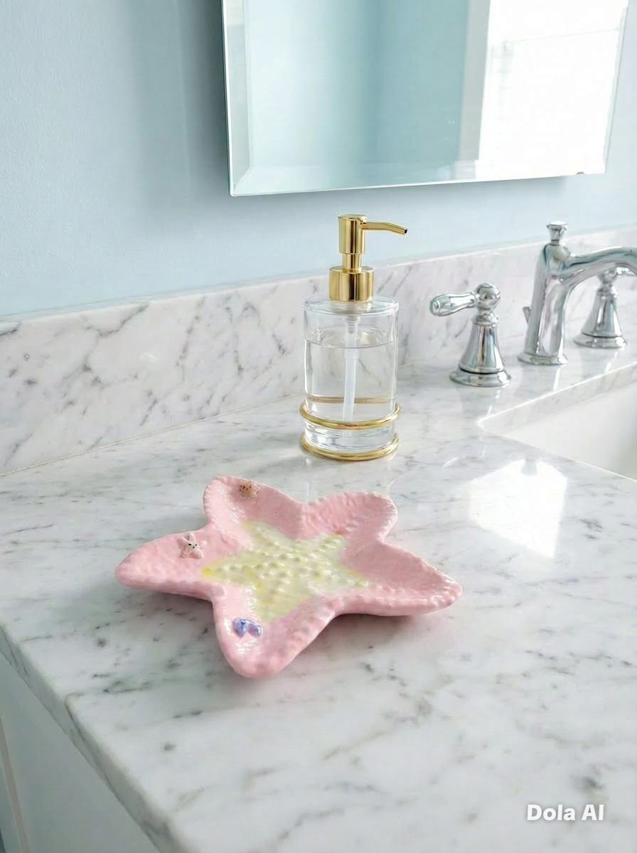 Pink star-shaped trinket dish on a marble countertop with a gold pump bottle.
