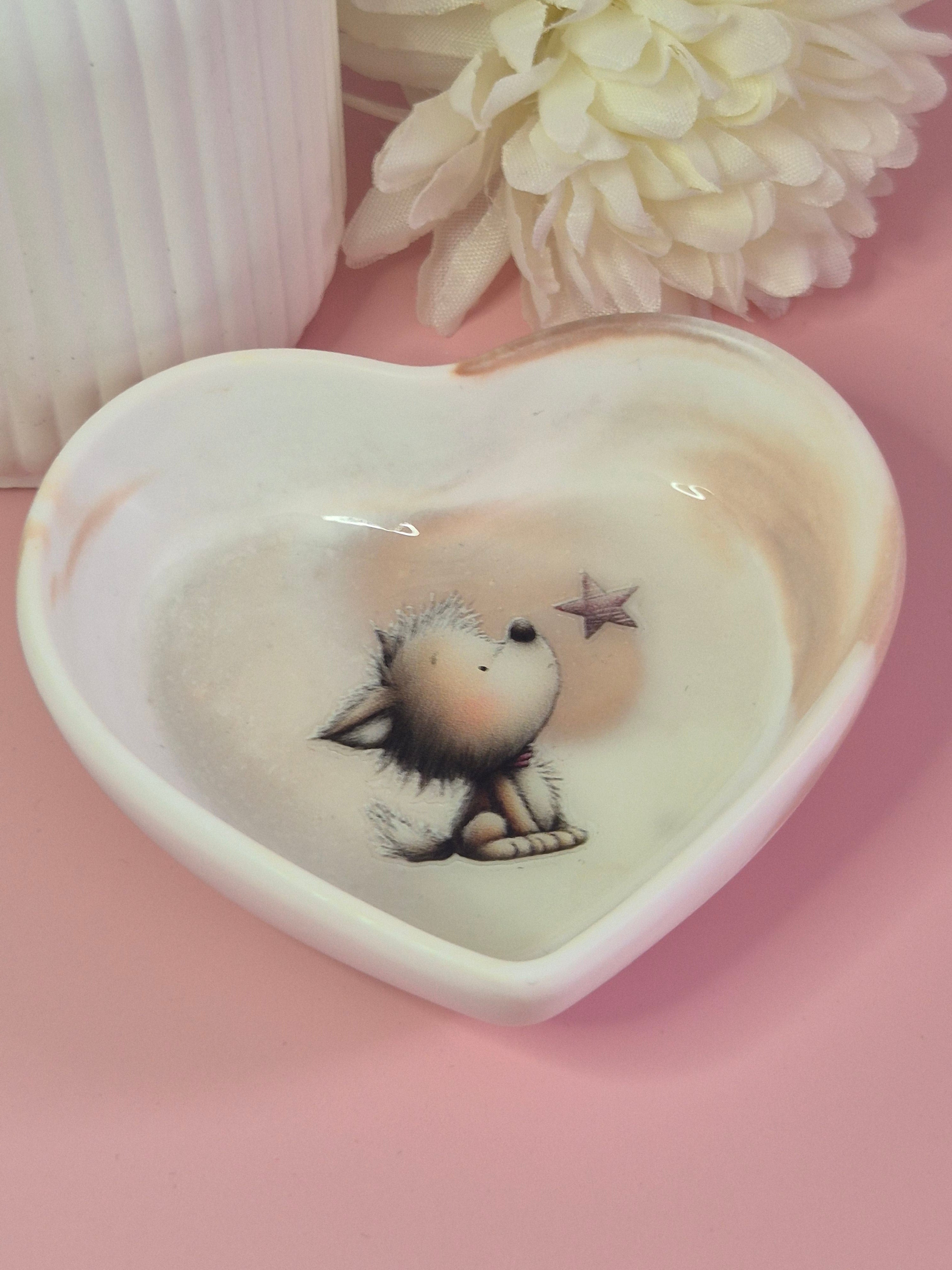 Handmade Puppy Wishes Heart Trinket Heart Trinket Dish in latte, coffee and cream swirl resincrete with a cute puppy and star design.