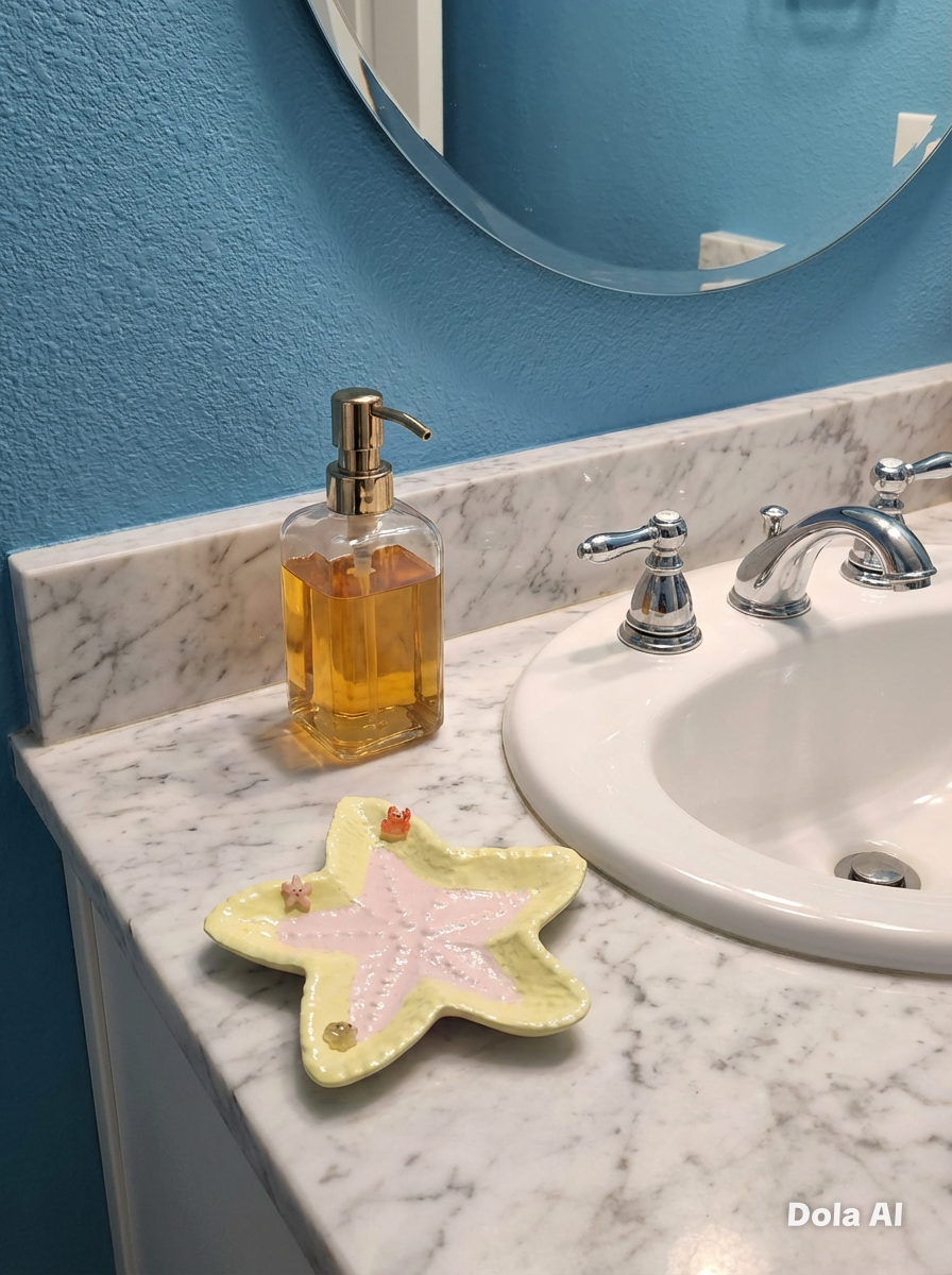 Bathroom counter with sink, soap dispenser, and starfish trinket dish against a blue wall.