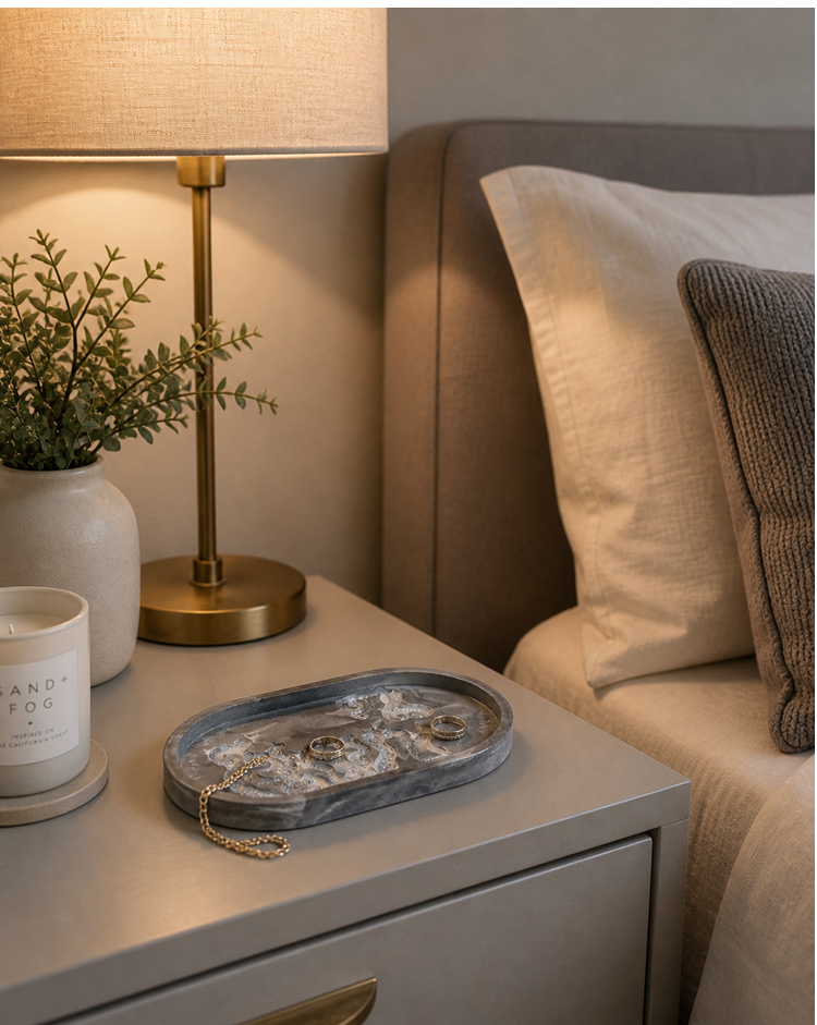 handmade black & white resincrete octopus trinket dish styled on a modern bedside table with jewellery